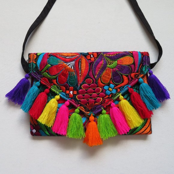 Hand Crafted Handbags - Vintage Floral Embroidered Crossbody Bag Purse with Tassels